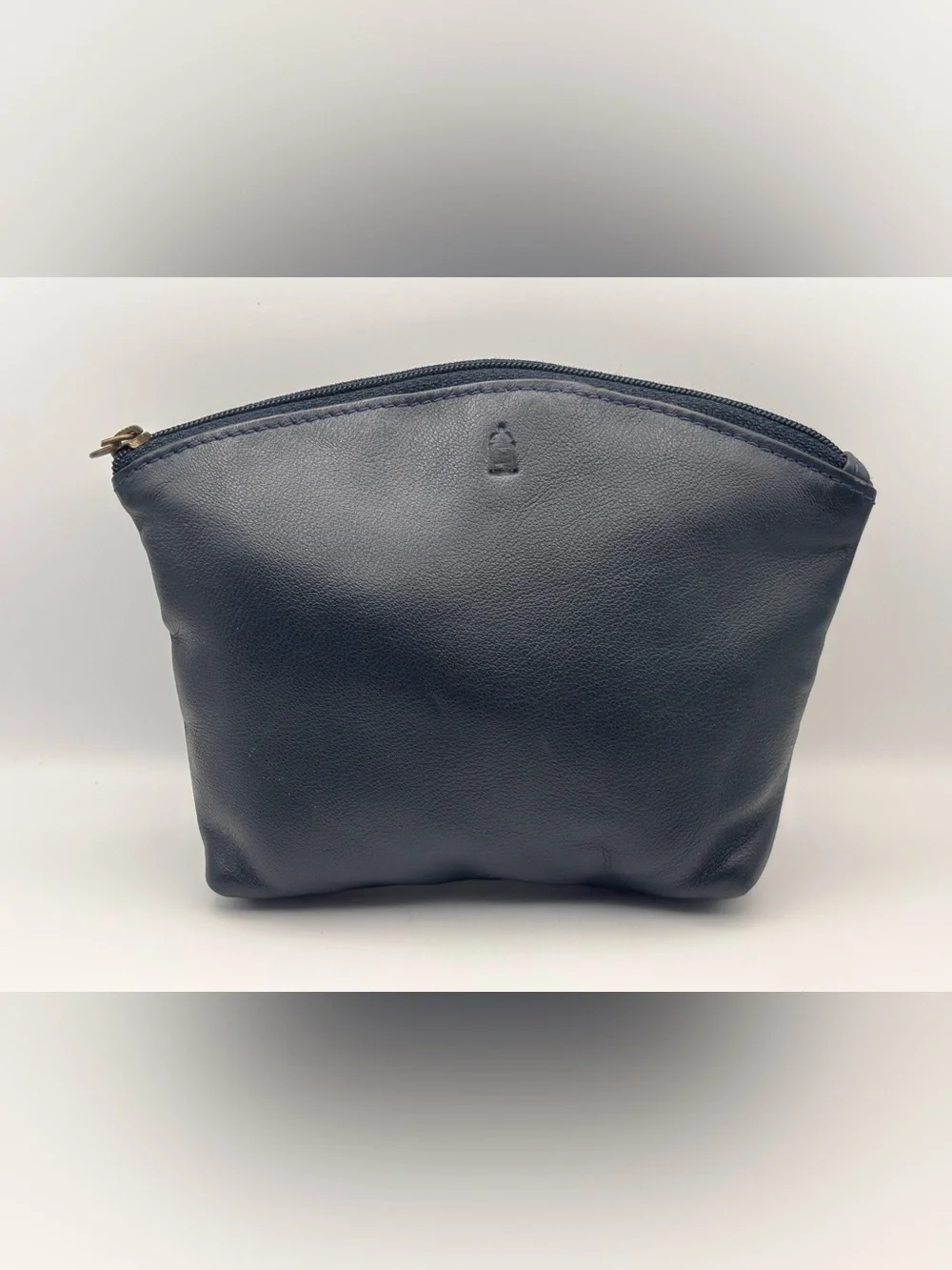 Vintage Dark Navy Blue Leather Cosmetic Zipper Pouch,